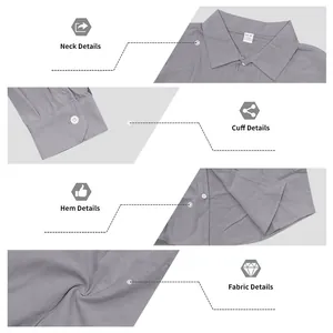 Detalles del cuello, puños y textura de la tela para camisa casual gris de hombre