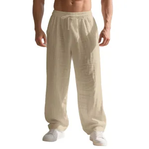 Pantalon décontracté en lin ample pour homme beige avec cordon de serrage pour le quotidien