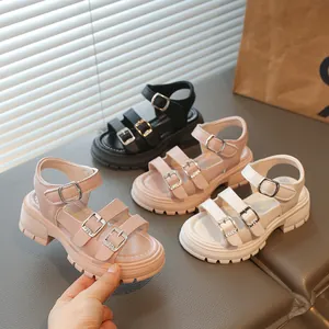 Sandales à Plateforme Romaines pour Filles Été Décontracté en Cuir PU Fermeture Auto-agrippante Couleur Unie Semelle Épaisse Chaussures de Plage