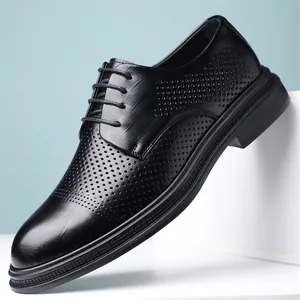 Men's Formal Leather Shoes Hollow Breathable Business Casual Dress Shoes Height Increasing Wedding Office Derbies Solid Black Shoes