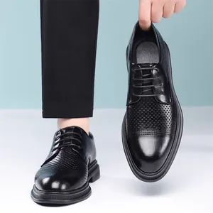 Men's black hollowed-out business dress shoes for breathable summer wedding wear
