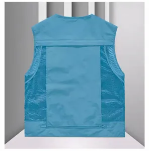 Detailed back view of men's blue quick-dry mesh vest for fishing and photography