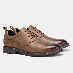 Close-up detail of men's brown burnished leather dress shoes with classic lace-up design