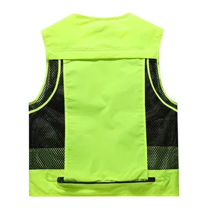 Detailed back view of neon yellow mesh fishing vest with large zipper pocket