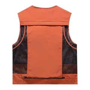 Back view of orange quick-dry mesh fishing vest with large zippered pocket