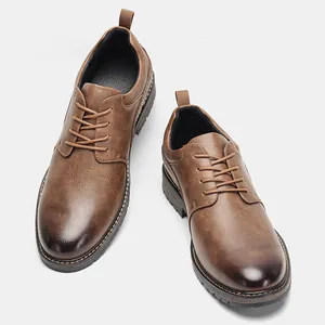 Professional top view of men's brown burnished casual leather shoes with lace-up detail