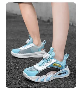 Close-up of breathable blue mesh sneakers with convenient dial lacing system for kids