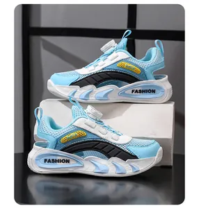 Breathable blue mesh children's sneakers with quick-lace dial and hollow design
