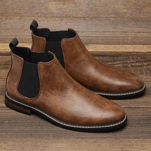Bottines Chelsea Vintage pour Hommes en Simili Cuir Style Britannique Bottines Décontractées pour Hommes Marron Noir