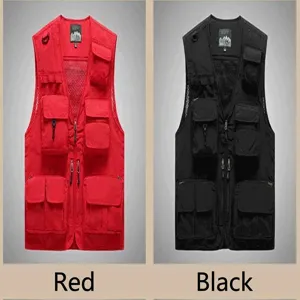 Detail view showing red and black color options of a multi-pocket breathable utility vest