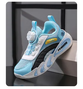 Side profile of light blue kids breathable mesh sports sandals with quick dial lacing system