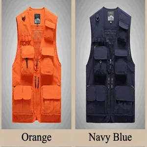 Orange and navy blue multi-pocket utility vests for outdoor activities and sports
