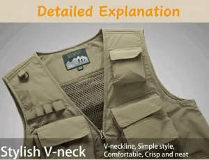 Close-up detail of a khaki multi-pocket utility vest showing the V-neck and mesh lining