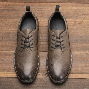 Professional top-down view of men's brown distressed leather lace-up casual shoes