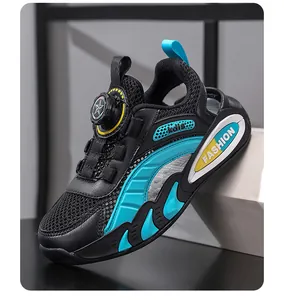 Detailed side view of children's breathable mesh sneakers featuring a blue rotary dial buckle