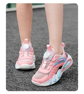 Breathable pink mesh kids sports sneakers with convenient rotary buckle closure