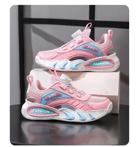 Breathable pink and blue mesh children's sneakers featuring a rotary buckle closure