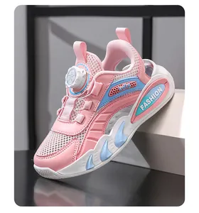 Pink and blue mesh kids' sports sneakers with adjustable rotary buckle closure system
