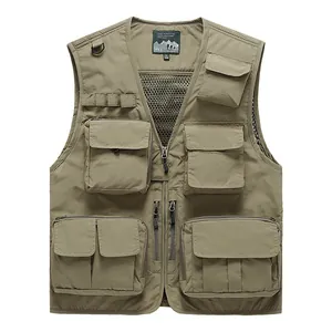 Men's Multi-Pocket Cargo Vest Outdoor Breathable Mesh Utility Fishing Photography Sleeveless Waistcoat Jacket Nylon Vest