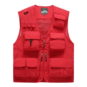 Red multi-pocket utility vest for outdoor sports featuring thin breathable fabric.