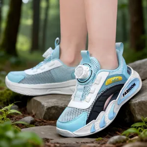 Breathable mesh children's sports shoes with rotary buckle in blue and white colors