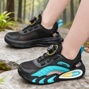 Stylish children's breathable mesh sneakers in black and teal for summer outdoor activities
