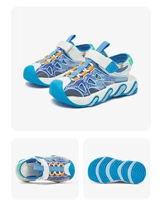 Multi-angle views of blue kids' closed-toe sandals showing sole and top detail.