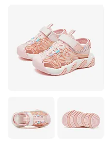Multi-angle views of pink kids' mesh sports sandals showing closed-toe design and sole
