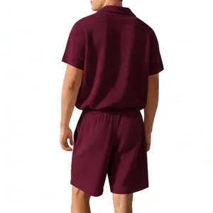 Back view of men's burgundy waffle knit short sleeve shirt and matching shorts set.
