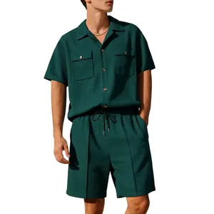 Casual dark green waffle knit short sleeve shirt and matching shorts set for men