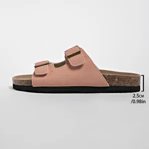 Side view detail of pink double-buckle Birkenstock style slide with 2.5cm platform sole