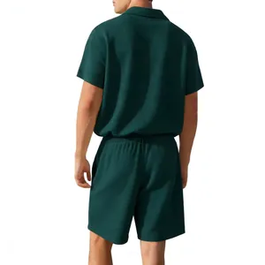 Detailed back view of mens dark green waffle knit short sleeve shirt and shorts set