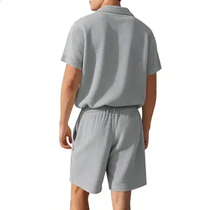 Back view detail of comfortable gray waffle knit men's short sleeve casual shirt set