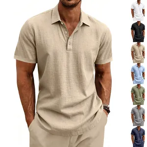 Detail eines atmungsaktiven Leinen-Poloshirts für Herren mit Revers und Farbauswahl.