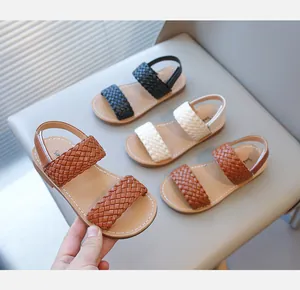 Stylish girls' braided strap summer sandals available in brown, cream, and black colors