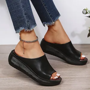 Black peep toe wedge slippers for women with platform thick soles for summer beach