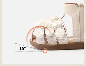 Detail view of the 15 degree ergonomic toe kick on baby girl white flower sandal