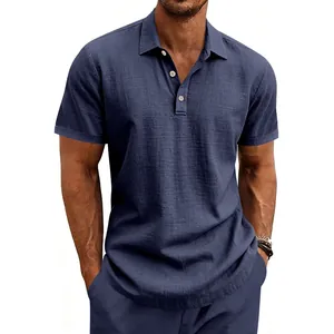 Atmungsaktives Herren-Polohemd aus Leinen in Marineblau, Detail der feinen Stofftextur