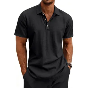 Schwarzes Leinen-Poloshirt für Herren mit kurzen Ärmeln und lockerem Kragen für den Sommerurlaub