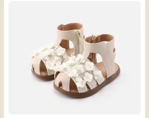 Close-up view of toddler girl's cream sandals featuring 3D flower decorations and soft soles
