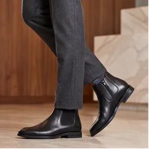 Men British Chelsea Boots Synthetic Leather Side Zipper Ankle Boots Breathable Classic Solid Color Casual Business Shoes