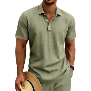 Lässiges Leinen-Poloshirt für Herren in Olivgrün, kurzärmlig für den Sommerurlaub