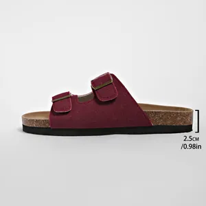 Detail view of 2.5cm platform sole on burgundy suede Birkenstock style slippers