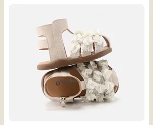 Detail of infant princess sandals with delicate 3D flower decorations and soft sole.
