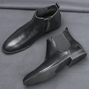 Men's classic black leather Chelsea boots with side zipper and elastic panel details