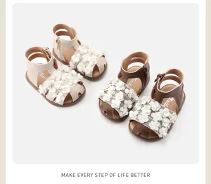 Toddler girl floral sandals in brown and beige with 3D flower details on straps.