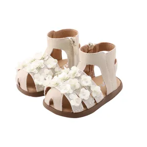 Toddler girl floral sandals with soft anti-slip soles for pre-walkers in beige color