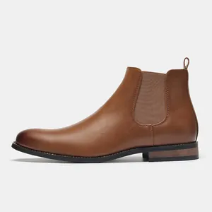 Side profile view of classic brown men's Chelsea boots in high-quality smooth leather.
