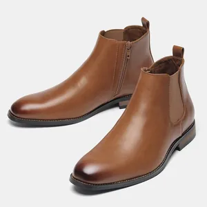 Classic brown leather Chelsea boots for men with side zipper and elastic panel detail
