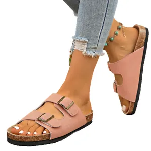 Women's pink suede platform sandals with double buckles for summer beach wear